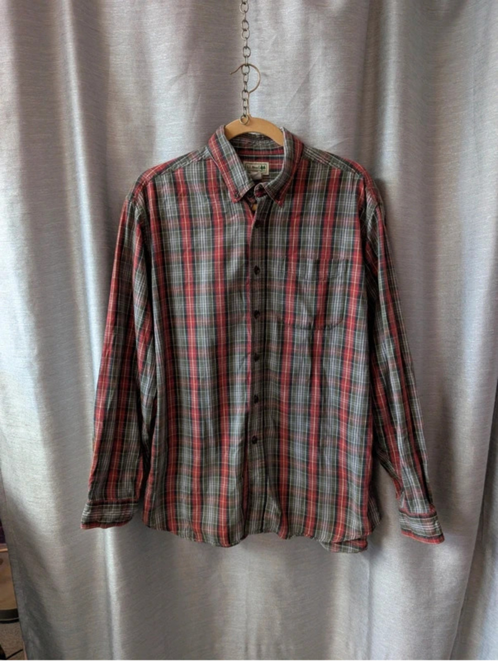 L.L. Bean Red Green Gray Flannel Plaid L